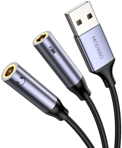 MOSWAG Carte Son Externe USB, Adaptateur Audio USB vers 3,5mm Jack, Carte Son avec Stéréo, Micro, pour Windows, Mac, Linux, PC und 3 Pole TRS Micro