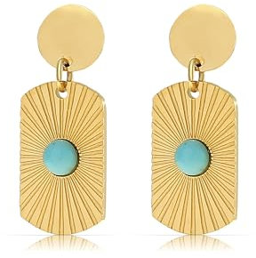 Made by Nami Ohrringe Gold Hängend Set mit Sonnen Anhänger und Edelstein aus Chirugischem Edelstahl Boho Schmuck Damen Hypoallergen Wasserfester Schmuck (Sonne Eckig)