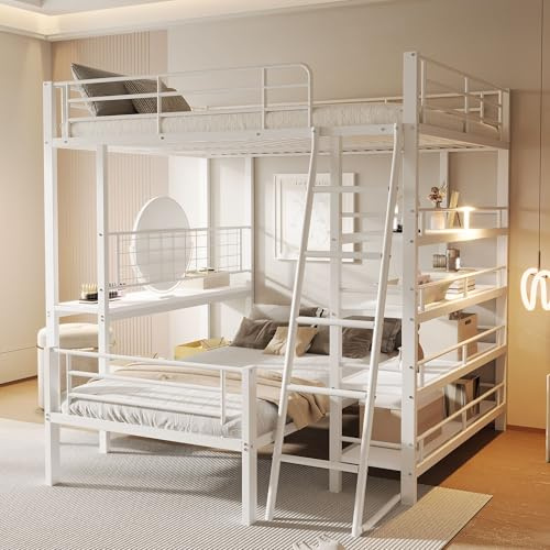 Hochbett mit Stauraum und flexiblem Aufbau, Metallrahmen mit Ablageflächen, multifunktionales Etagenbett für Schlafzimmer, modernes Design, teilbar in Zwei Einzelbetten