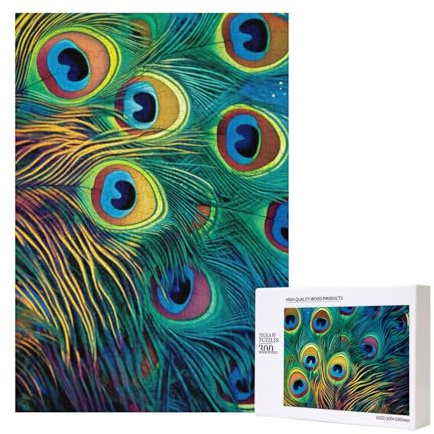 Farbiger Pfau bedrucktes Puzzle mit Aufbewahrungsbox, Holzpuzzle für Erwachsene und Kinder, 300 Teile, Familienspaß, dekoratives Spiel