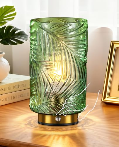 Rechargeable Table Lamp, Touch Bedside Lamps Glass Battery Table Lamp | Upgrade 5200mAh Rechargeable, 3 Color Options & Stepless Dimming with Green Glass Shade Cordless Lamp for Bedroom Living Room