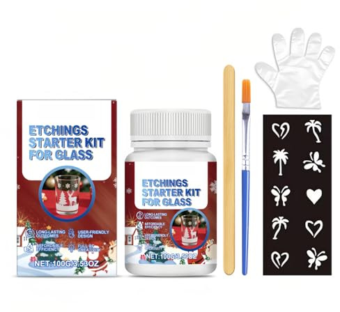 Glas-Ätzpaste,Ätzpaste für Glas,Schablone Weihnachten Set,Glas Ätzpaste Glass Etching Paste Erstellen Sie Eine Mattierte Textur für DIY Kreationen,Milchglastüren und Fenster,Kunstwerke,100g