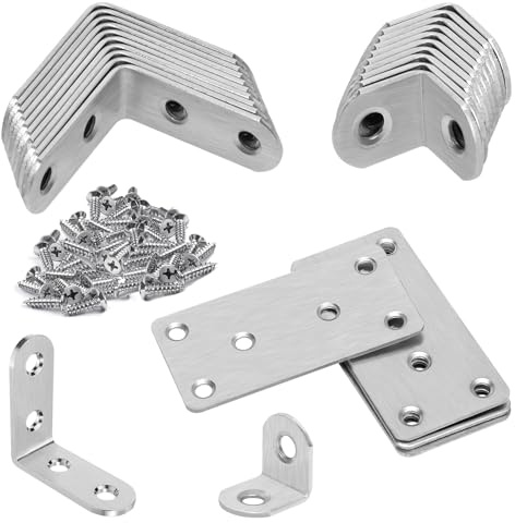 20 Stück Winkelverbinder und 4 Stück Flachverbinder, 20×20, 40×40, Edelstahl Winkel Metallwinkel 90 grad, Flachwinkel Lochplatte Holzverbinder mit 90 Schrauben für Holz Möbel Tabelle Stuhl, Fenster