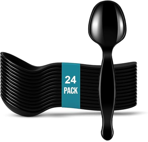 24 Pack Black Plastic Serving Spoons for Buffet 8.5Inch - Large Plastic Serving Utensils for Hot and Cold Food - Reusable Serving Utensils for Parties, Holidays and Gatherings