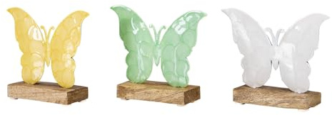 levandeo 3er Set Schmetterling H12cm Mangoholz Metall Grün Gelb Weiß Deko Aufsteller Perlmutt Glanz Osterdeko Tischdeko Ostern