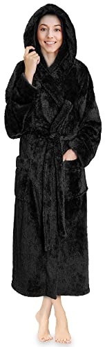 PaVILIA Damen Bademantel mit Kapuze, flauschig, warm, Fleece, Sherpa-Zottel-Bademantel - Schwarz - Small/Medium