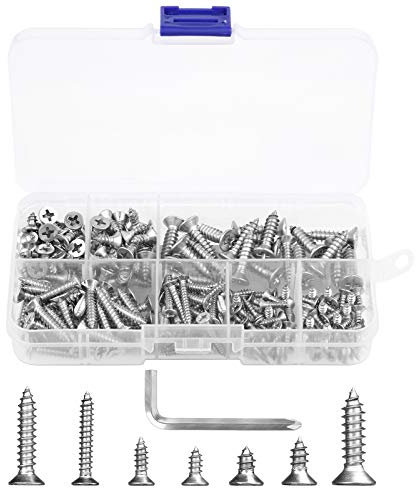 200Pcs Cross Head Countersunk Self Tapping Screws Sliver 304 Stainless Steel Assorted Sizes Metal Screws Assortment with 1Pc Wrench(M3 M4 M5/7 Sizes)