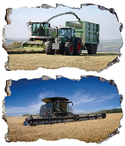 Chicbanners 2Pcs Wandtattoo Mähdrescher Traktor Trecker 3D Effekt XXL Farm Feld Landwirtschaft Wandaufkleber Fenster Selbstklebend für Junge Kinderzimmer Groß 1000mmx600mm