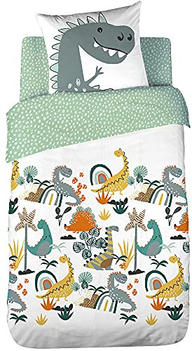 CÔTE Deco Parure de lit Enfant Réversible Dinosaures jurassik Vert Housse de Couette 140x200cm + 1 taie d'oreiller 63x63cm 100% Coton