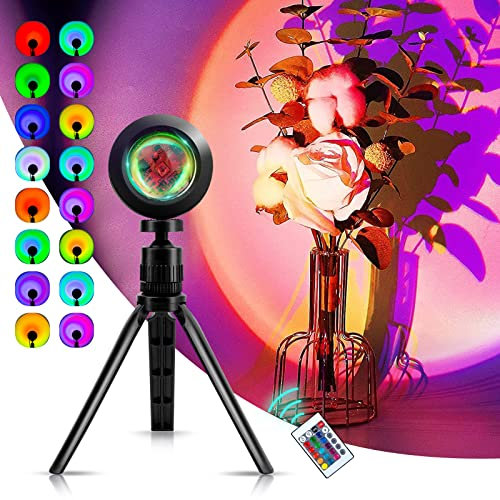 SerDa-Run Sunset Lamp Projection, 16 Colors RGB Sun Lamp Mood Floor Night Light Bedside Lamps Rainbow 180°Rotation with Remote Control for Selfie Lighting Bedroom Living Room Party Lamp Decoration