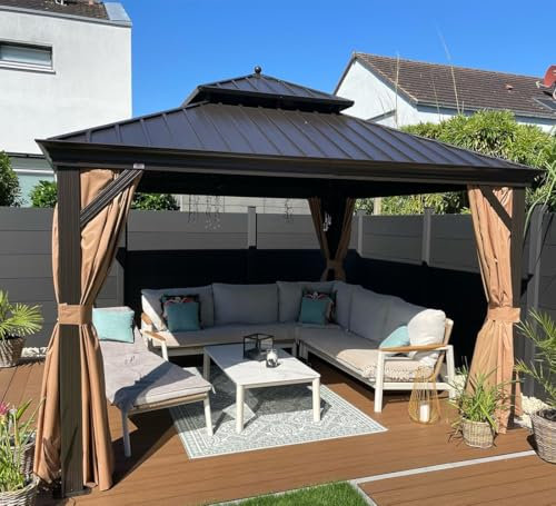 PURPLE LEAF Tonnelle de Jardin Exterieur 3,65 x 3,65 m Pergola Aluminium avec Moustiquaire et Rideaux Pavillon de Jardin à Double Toit Acier Galvanisé, Bronze