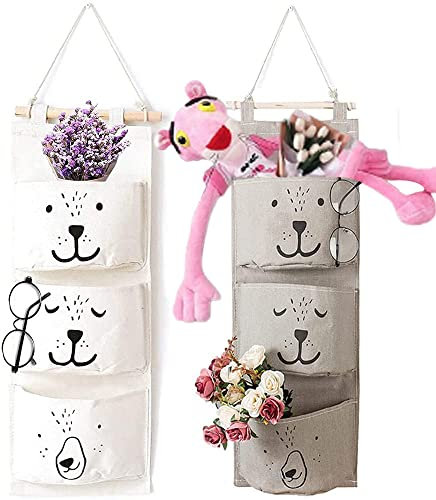 YANJINGHE Pack of 2 Wall Hanging Bag, Hanging Organiser, Waterproof Canvas Bag, Hanging Storage Bag, Hanging Bag, Storage Bag with 3 Pockets, for Children's Room, Bathroom, Bedroom (White, Grey)