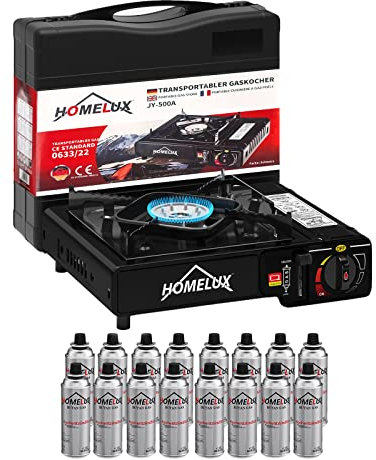 HOMELUX Gaskocher mit 16 Gaskartusche, Campingkocher 2,2 KW, inkl. Aufbewahrungsbox, Campingkocher Set, Camping Gaskocher, Kartuschen-Kocher für im Outdoor