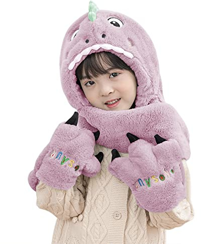 Kinder Winter Dinosaurier-Kapuzenschal Niedliches 3 in 1 Mützen-Schal-Handschuh-Set Cartoon Schlupfmütze Weiche Lammwolle Kapuzenschal Handschuhe Gepolstert Wintermütze Schals für Jungen Mädchen