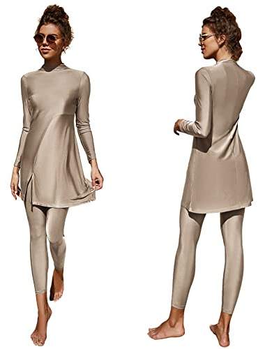 Femmes Maillots de Bain Musulmans Islamique Modest Couverture Complète Burkini Manches Longues Haut Pantalon Natation été Tenue Plage Maillots Rashguards 2 Pièce Abricot XL