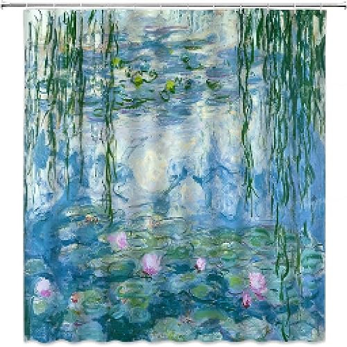 Rumlly Retro Monet Seerosen-Duschvorhang, wasserdicht, Blumen, Badvorhänge, Badezimmer-Zubehör-Sets mit Haken, Heimdekoration, 75 x 150 cm