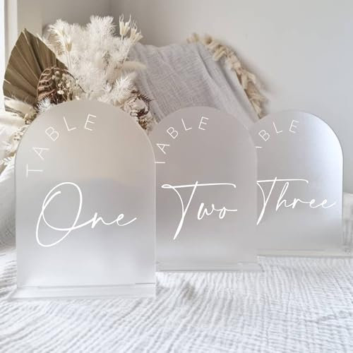 JINMURY Frosted Arch Wedding Table Numbers 1-10 with Stands, 5x7 Inch Acrylic Sign with White Letters, Arched Acrylic Numbers for Reception