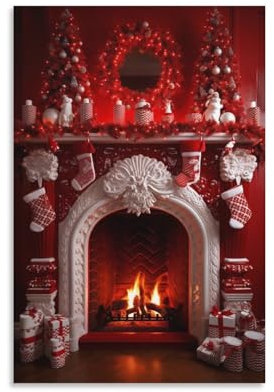 Weihnachtssocken Leinwand Wandkunst für Schlafzimmer Flamme Kamin Modernes Muster Wanddekoration Poster für Zimmer Ästhetisch