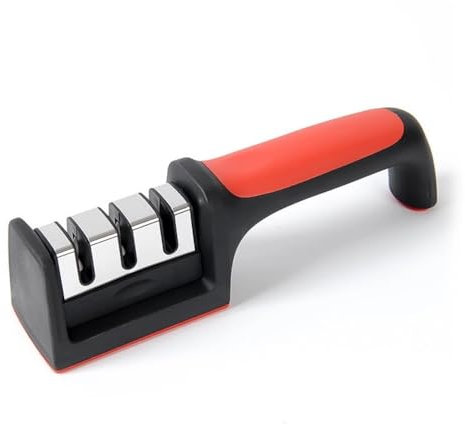 Knife Sharpener - Knife Sharpening - Helps Repair Restore Polish Blades - Ergonomic Professional 3 Stage Manual Sharpener UK for Kitchen Knives (Red and Black)