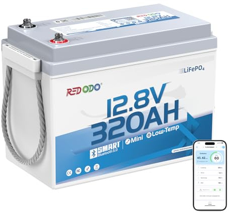 Redodo 12V 320Ah W190 Batterie LiFePO4 avec Bluetooth 4096Wh Batterie Lithium avec Basses Températures BMS 200A Largeur 189mm Conçu pour Espace sous Sièges Autonomie pour Camping Car Secours Maison