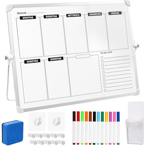 Doppelseitiger Wochen Monatsplaner 30 x 40 cm, Magnetisches Whiteboard Abwischbar mit Tischständer, 12 Markern, Transparenten Magnet-Pins, Radierer und Klebehaken für Küche, Büro Zuhause