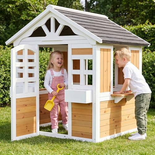 Casa giochi per bambini, da giardino, per esterni, casetta sull'albero, in legno con porte e finestre, in legno massiccio per esterni, resistente alle intemperie, 113 x 100 x 132 cm, colore naturale e