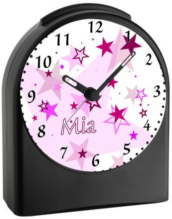 CreaDesign, WU-50-1030-02, Sterne Farbe Rosa, analog Kinderwecker schwarz, Funkwecker ohne Ticken, mit Licht, personalisiert mit Namen, 9,6 x 5,5 x 11,9 cm, 104 g