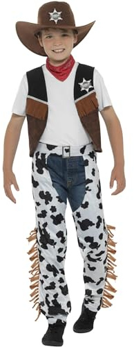 Smiffys Texan Cowboy Costume, Brown with Hat, Neck Tie, Waistcoat, Badge & Chaps, Boys Fancy Dress, Child Dress Up Costumes
