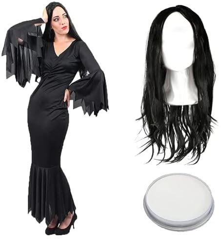 Halloween-Gothic-Kostüm für Damen, langes schwarzes Kleid mit gezackten Kanten, lange schwarze Perücke und weiße Schminke, Vampirkostüm für Damen für TV, Film, Halloween, Größe XXL