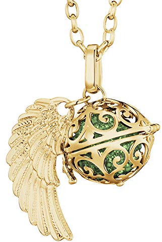 Morella Damen Halskette Gold Edelstahl 70 cm mit goldenem Anhänger Engelsflügel und Klangkugel Zirkonia grün Ø 16 mm in Schmuckbeutel