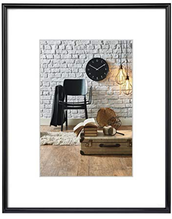 Hama Bilderrahmen 30 x 40 cm, mit Papier-Passepartout 20 x 27 cm, hochwertiges Glas, Kunststoff Rahmen, zum Aufhängen, schwarz 00066225