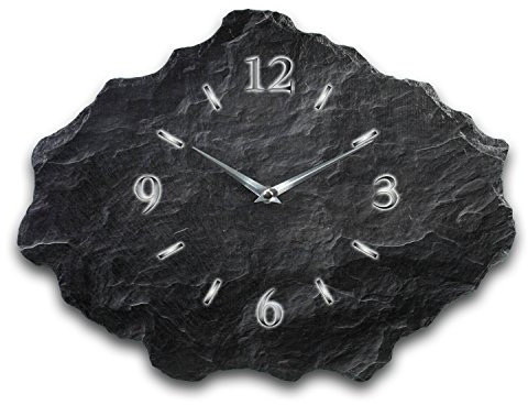 Designer-Wanduhr aus Stein (Keramik) Größe ca. 40x30cm mit flüsterleisem Uhrwerk (Schiefer Optik schwarz, leises Funkuhrwerk)