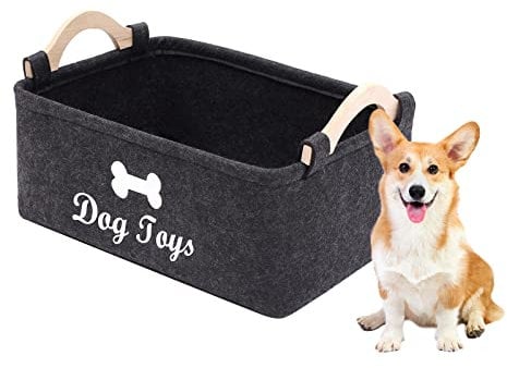Geyecete dog toy basket storage Bins - with Wooden Handle,Collapsible Pet Supplies Storage Basket puppy toy box storage Basket/Bin Kids Toy Chest Storage Trunk (Dark Grey)