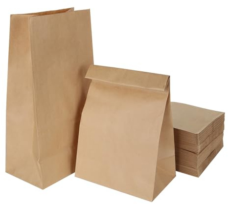 LOLYSIC 100 Pcs Brown Paper Bags, 15.5x10x30cm Kraft Paper Bags | 70gsm, No Handles, Large Lunch Bags, For Bread, Sandwich, Grocery, Takeaway, Gifts Packaging