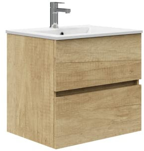 Baikal Mueble de Baño Dos cajones, suspendido a la Pared con Lavabo. Melamina 16. Mueble montado. Mueble de 50cm Nature Sin Espejo