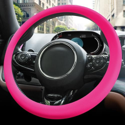 Spurtar Auto Lenkradbezug Silikon für Herren Frau, Auto Zubehör Deko Lenkradhüllen Schließen Leder Lenkradbezug Bezug Dünn, Innenraum Lenkradschutz Car Accessoires,Rosenrot,32-44cm