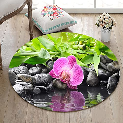 LB Zen Spa Teppich Lila Orchidee und Schwarze Steine Bodenmatte Runden Grüner Bambus am Fluss Weich Waschbar Innen Fußmatte für Wohnzimmer Badezimmer Schlafzimmer,80x80cm