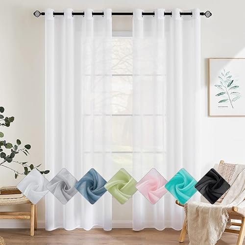 EMEMA 2er Set Sheer Voile Vorhang mit Ösen Transparente Gardine aus Voile Polyester Ösenschal Transparent Wohnzimmer Luftig Dekoschal für Schlafzimmer 140 X 185 cm Weiß