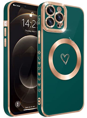 ECZOIL Compatible with iPhone 12 Pro Max Case MagSafe,Full Camera Lens Protection Luxury Electroplated Cute Heart Magnetic Case for iPhone 12 Pro Max for Women Girls-Dark Green