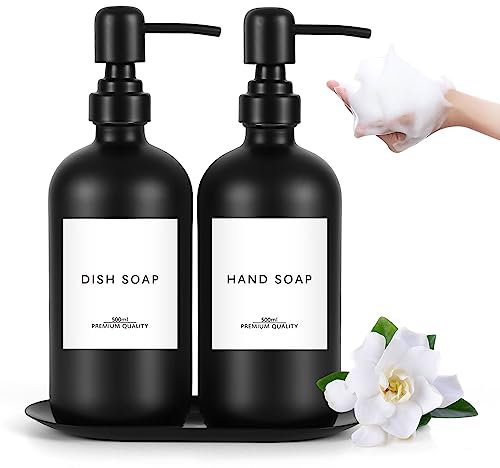 Otoomenz 2 Pack Glass Soap Dispenser Bottle with Pump, 16 Oz Hand Soap Bottle Set with Stainless Steel Pump Soap Tray, Hand and Dish Soap Dispenser for Kitchen & Bathroom with 8 Waterproof Label