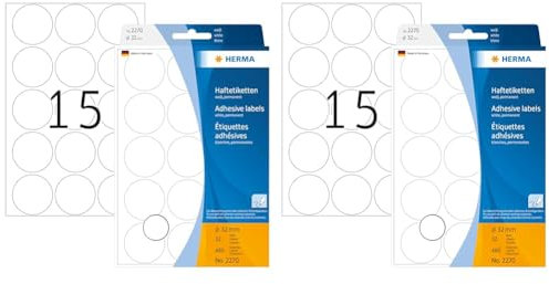 HERMA 2270 Punktaufkleber Klebepunkte weiß, 32 Blatt, Ø 32 mm, 15 pro Bogen, 480 Aufkleber, selbstklebend, Markierungspunkte zum Beschriften, runde Farbpunkte aus Papier, blanko (Packung mit 2)