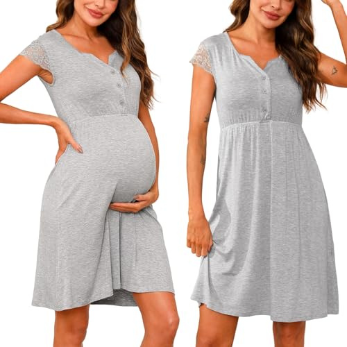 Nieery Maternity Nursing Nightdress Button Breastfeeding Nightwear Soft Lace Nursing Nightgown Cotton Loungewear V Neck Maternity Pyjamas Nightshirt for Pregnant Grey M