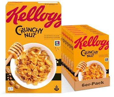 Kellogg's Crunchy Nut Cornflakes (6 x 500 g) – knusprige Frühstückscerealien mit Erdnüssen und Honig – ohne künstliche Farb- und Aromastoffe