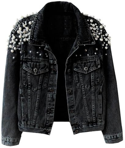 Kedera Kurze Jeansjacke für Damen, bestickt, Nieten, Perlen, Mantel, Schwarz_06, X-Large