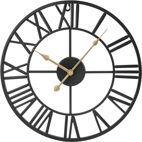 Shoze Vintage Large Silent Black Round Skeleton Roman Numerals Battery Hanging Wall Clock (40cm) for Living Room Bedroom Kitchen Hotel Office
