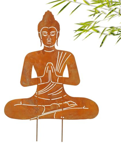 Wetterfester Gartenstecker - Japanische Buddha Figur 58 cm aus Eisen - Spirituelle Zen-Gartenfigur für Garten, Balkon, Terrasse - Edelrost Gartenstatuen Dekoartikel Metall für Zengarten, Teichdeko
