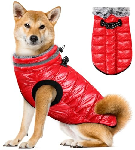 Eyein Wasserdichter Hundemantel mit Geschirr, Fleece Rollkragen Warme Hundewinterjacke mit doppeltem Reißverschluss, reflektierende Hundeschneejacke für kleine mittlere große Hunde, Rot, M