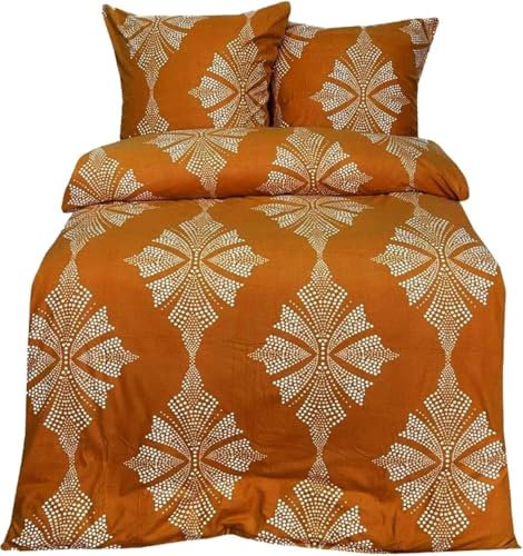2tlg. Fleece Bettwäsche 135 x 200 cm mit Reißverschluß kuschelig warme Winter Bettwäsche Orange Gemustert