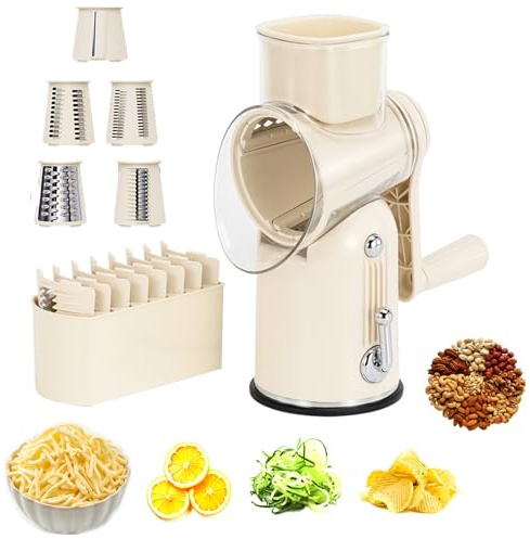 Rotary Multifunctional Grater Hand Crank, with 10 Interchangeable Blades, Cheese Grater, Vegetable Slicer, Easy to Clean for Fruit, Vegetables, Nuts, with Blade Storage Box, Food Shredder for Kitchen
