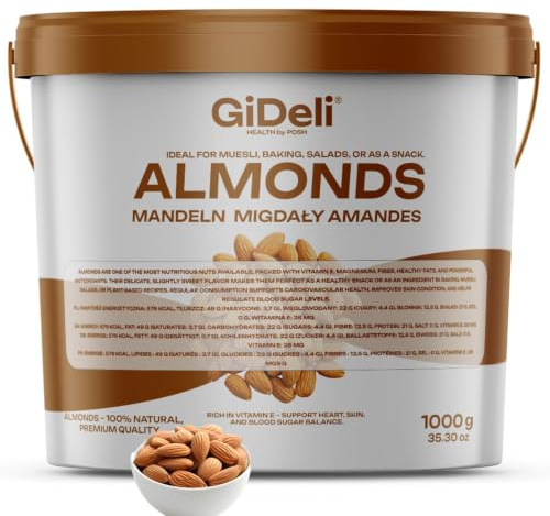 GiDeli Mandeln 1kg naturbelassen und ungesalzen im Eimer reich an Vitaminen & pur im Geschmack